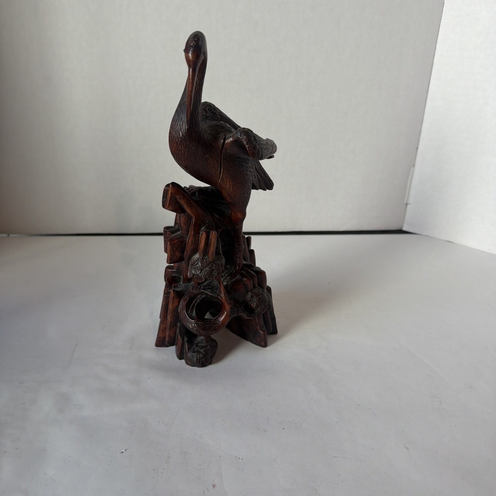 Vintage Hand Carved  Crane Water Bird Sculpture  10" Tall